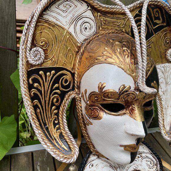 Authentic Venetian Jester Mask Valentini & Pereno Black White Gold Handmade - Picture 2 of 7